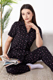 Düz Gömlek Yaka Kadın Siyah Pijama Takımı - 25273