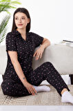 Düz Gömlek Yaka Kadın Siyah Pijama Takımı - 25273