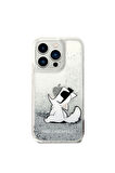 Apple iPhone 14 Pro Uyumlu Kılıf Karl Lagerfeld Sıvılı Simli Choupette Dizayn Kapak Gümüş