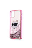 Apple iPhone 11 Uyumlu Kılıf Karl Lagerfeld Sıvılı Simli Choupette Head Dizayn Kapak