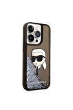 Apple iPhone 14 Pro Max Uyumlu Kılıf Karl Lagerfeld Sıvılı Simli Karl Head Dizayn Kapak Siyah