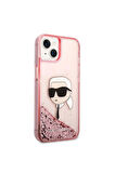 Apple iPhone 14 Uyumlu Kılıf Karl Lagerfeld Sıvılı Simli Karl Head Dizayn Kapak