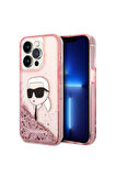 Apple iPhone 14 Pro Max Uyumlu Kılıf Karl Lagerfeld Sıvılı Simli Karl Head Dizayn Kapak Pembe