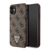 iPhone 11 Uyumlu Kılıf Guess Orjinal Lisanslı PU Deri Taşlı Üçgen Logo 4G Desenli Kapak Kahverengi
