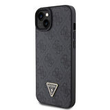 iPhone 15 Uyumlu Kılıf Guess Orjinal Lisanslı PU Deri Taşlı Üçgen Logo 4G Desenli Strass Kapak Siyah
