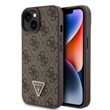 iPhone 15 Uyumlu Kılıf Guess Orjinal Lisanslı PU Deri Taşlı Üçgen Logo 4G Desenli Strass Kahverengi