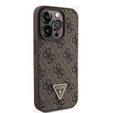 iPhone 15 Pro Uyumlu Kılıf Guess Orjinal Lisans PU Deri Taşlı Üçgen Logo 4G Desen Strass Kahverengi