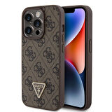 iPhone 15 Pro Uyumlu Kılıf Guess Orjinal Lisans PU Deri Taşlı Üçgen Logo 4G Desen Strass Kahverengi
