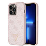 iPhone 14 Pro Uyumlu Kılıf Guess Orjinal Lisanslı PU Deri Taşlı Üçgen Logo 4G Desenli Kapak Pembe