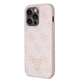 iPhone 14 Pro Uyumlu Kılıf Guess Orjinal Lisanslı PU Deri Taşlı Üçgen Logo 4G Desenli Kapak Pembe