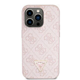 iPhone 14 Pro Uyumlu Kılıf Guess Orjinal Lisanslı PU Deri Taşlı Üçgen Logo 4G Desenli Kapak Pembe