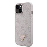 iPhone 15 Uyumlu Kılıf Guess Orjinal Lisanslı PU Deri Taşlı Üçgen Logo 4G Desenli Strass Kapak Pembe