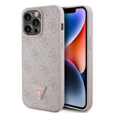 iPhone 15 Pro Max Uyumlu Kılıf Guess Orjinal Lisans PU Deri Taşlı Üçgen Logo 4G Desen Strass Pembe