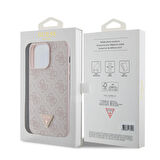 iPhone 15 Pro Max Uyumlu Kılıf Guess Orjinal Lisans PU Deri Taşlı Üçgen Logo 4G Desen Strass Pembe