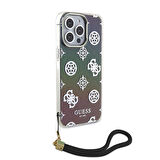 iPhone 15 Pro Kılıf Guess Orjinal Lisanslı Yazı Logolu Askı İpli Holografik Glitter Peony Siyah
