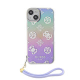 iPhone 15 Plus Kılıf Guess Orjinal Lisanslı Yazı Logolu Askı İpli Holografik Glitter Peony Mor