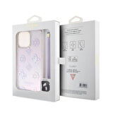 iPhone 15 Pro Max Kılıf Guess Orjinal Lisans Yazı Logolu Askı İpli Holografik Glitter Peony Mor