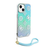 iPhone 15 Kılıf Guess Orjinal Lisanslı Desenli Logolu Askı İpli Holografik Glitter Peony Turkuaz