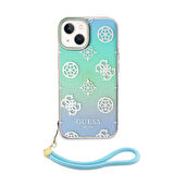 iPhone 15 Kılıf Guess Orjinal Lisanslı Desenli Logolu Askı İpli Holografik Glitter Peony Turkuaz
