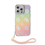 iPhone 15 Pro Max Kılıf Guess Lisanslı Desenli Yazı Logolu Askı İpli Holografik Glitter Peony Pembe