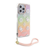 iPhone 15 Pro Max Kılıf Guess Lisanslı Desenli Yazı Logolu Askı İpli Holografik Glitter Peony Pembe