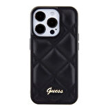 iPhone 15 Pro Uyumlu Kılıf Guess Orjinal Lisanslı PU Deri Metal Yazı Logolu Kapitone Kapak Siyah