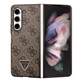 Galaxy Z Fold 5 Kılıf Guess Orjinal Lisanslı PU Deri Taşlı Üçgen Logo 4G Desenli Strass Kahverengi