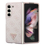 Galaxy Z Fold 5 Uyumlu Kılıf Guess Orjinal Lisanslı PU Deri Taşlı Üçgen Logo 4G Desenli Strass Pembe