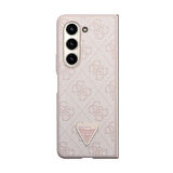 Galaxy Z Fold 5 Uyumlu Kılıf Guess Orjinal Lisanslı PU Deri Taşlı Üçgen Logo 4G Desenli Strass Pembe
