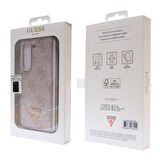 Galaxy Z Fold 5 Uyumlu Kılıf Guess Orjinal Lisanslı PU Deri Taşlı Üçgen Logo 4G Desenli Strass Pembe
