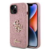 iPhone 15 Uyumlu Kılıf Guess Orjinal Lisanslı 4G Büyük Metal Logolu Glitter Kapak Pembe