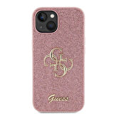 iPhone 15 Uyumlu Kılıf Guess Orjinal Lisanslı 4G Büyük Metal Logolu Glitter Kapak Pembe