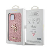 iPhone 15 Uyumlu Kılıf Guess Orjinal Lisanslı 4G Büyük Metal Logolu Glitter Kapak Pembe
