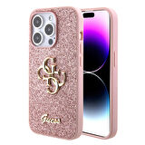 iPhone 15 Pro Max Uyumlu Kılıf Guess Orjinal Lisanslı 4G Büyük Metal Logolu Glitter Kapak Pembe
