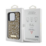 iPhone 15 Pro Uyumlu Kılıf Guess Orjinal Lisanslı Taşlı Arka Yüzey Metal Yazı Logolu Kapak Sarı