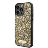 iPhone 15 Pro Max Uyumlu Kılıf Guess Orjinal Lisanslı Taşlı Arka Yüzey Metal Yazı Logolu Kapak Sarı