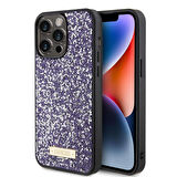 iPhone 15 Pro Max Uyumlu Kılıf Guess Orjinal Lisanslı Taşlı Arka Yüzey Metal Yazı Logolu Pembe Açık