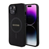 iPhone 15 Uyumlu Kılıf Guess Orjinal Lisanslı Magsafe Şarj Özellikli Yazı Logo Saffiano Kapak Siyah