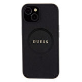 iPhone 15 Uyumlu Kılıf Guess Orjinal Lisanslı Magsafe Şarj Özellikli Yazı Logo Saffiano Kapak Siyah