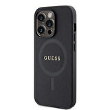 iPhone 15 Pro Max Kılıf Guess Orjinal Lisanslı Magsafe Şarj Özellikli Yazı Logolu Saffiano Siyah