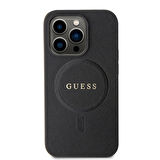 iPhone 15 Pro Max Kılıf Guess Orjinal Lisanslı Magsafe Şarj Özellikli Yazı Logolu Saffiano Siyah