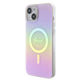 iPhone 15 Plus Uyumlu Kılıf Guess Orjinal Lisanslı Magsafe Şarj Özellik Yazı Logolu Iridescent Pembe