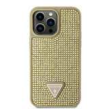 iPhone 15 Pro Max Uyumlu Kılıf Guess Orjinal Lisanslı Taşlı Arka Yüzey Üçgen Logolu Kapak Gold