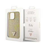 iPhone 15 Pro Max Uyumlu Kılıf Guess Orjinal Lisanslı Taşlı Arka Yüzey Üçgen Logolu Kapak Gold