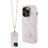 iPhone 15 Pro Kılıf Guess Lisanslı PU Deri Askılı Taşlı Üçgen Logo 4G Desenli Strass Crossbody Pembe