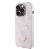 iPhone 15 Pro Kılıf Guess Lisanslı PU Deri Askılı Taşlı Üçgen Logo 4G Desenli Strass Crossbody Pembe