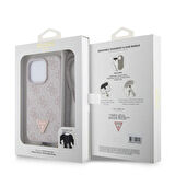 iPhone 15 Pro Kılıf Guess Lisanslı PU Deri Askılı Taşlı Üçgen Logo 4G Desenli Strass Crossbody Pembe