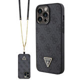iPhone 15 Pro Max Kılıf Guess Lisanslı PU Deri Askılı Taşlı Üçgen Logo 4G Strass Crossbody Siyah