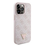 iPhone 15 Pro Max Kılıf Guess Orjinal Lisans PU Deri Askı Taşlı Üçgen Logo 4G Strass Crossbody Pembe