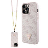 iPhone 15 Pro Max Kılıf Guess Orjinal Lisans PU Deri Askı Taşlı Üçgen Logo 4G Strass Crossbody Pembe